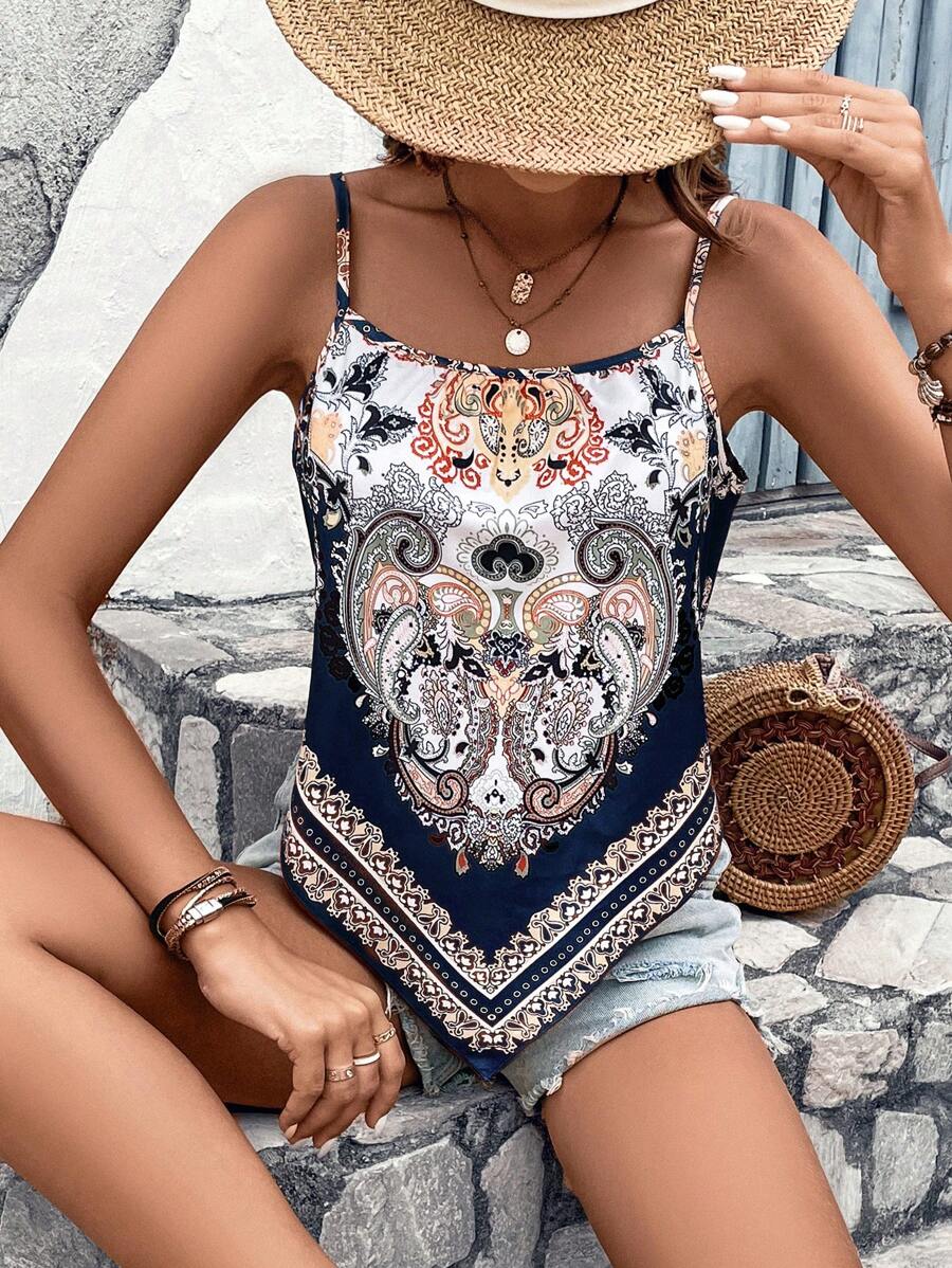 SHEIN VCAY Paisley Print Hanky Hem Cami Top - Navy Blue - View 1