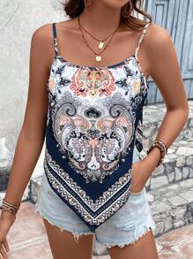 SHEIN VCAY Paisley Print Hanky Hem Cami Top - Navy Blue - View 4
