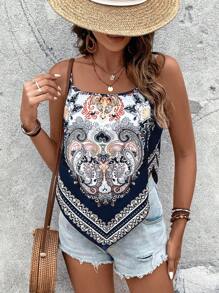 SHEIN VCAY Paisley Print Hanky Hem Cami Top - Navy Blue - View 5