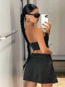 SHEIN ICON 條紋印花帶扣細節褶皺半身裙 - 黑色 - 查看 7