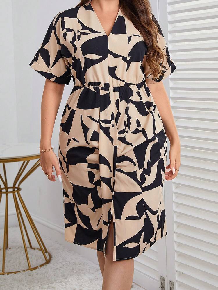 SHEIN Clasi Talla grande Vestido con estampado de manga murciélago - Albaricoque - Añade 3