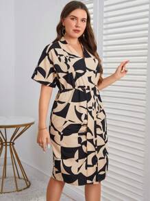 SHEIN Clasi Plus Allover Print Batwing Sleeve Dress - Apricot - View 4