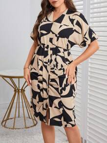 SHEIN Clasi Plus Allover Print Batwing Sleeve Dress - Apricot - View 5