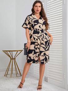 SHEIN Clasi Plus Allover Print Batwing Sleeve Dress - Apricot - View 6