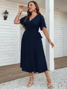 SHEIN LUNE 大碼素色側打結圍裹式連衣裙 - 藏蓝色 - 查看 3