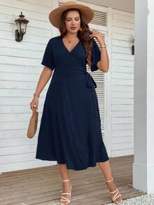 SHEIN LUNE 大碼素色側打結圍裹式連衣裙 - 藏蓝色 - 查看 5