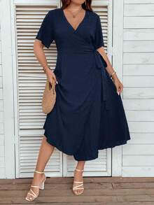 SHEIN LUNE 大碼素色側打結圍裹式連衣裙 - 藏蓝色 - 查看 6