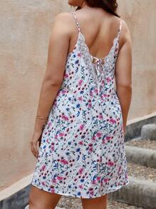 SHEIN Frenchy Plus Ditsy Floral Print Contrast Embroidery Mesh Tie Backless Cami Dress - Multicolor - View 1