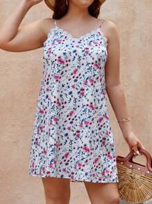 SHEIN Frenchy Plus Ditsy Floral Print Contrast Embroidery Mesh Tie Backless Cami Dress - Multicolor - View 2