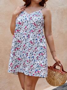 SHEIN Frenchy Plus Ditsy Floral Print Contrast Embroidery Mesh Tie Backless Cami Dress - Multicolor - View 5