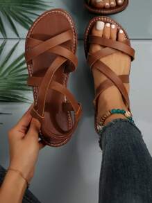 New European And American Style Large Size Women's Flat Sandals & Slides, Summer - Brown - View 1