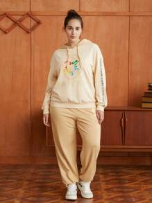 HARRY POTTER X SHEIN Hơn Khẩu hiệu & Đồ họa Hoạt hình Thả vai Dây rút Áo Hoodie & Quần thể thao - Màu Khaki - Xem 1