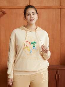 HARRY POTTER X SHEIN Hơn Khẩu hiệu & Đồ họa Hoạt hình Thả vai Dây rút Áo Hoodie & Quần thể thao - Màu Khaki - Xem 3