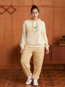 HARRY POTTER X SHEIN Hơn Khẩu hiệu & Đồ họa Hoạt hình Thả vai Dây rút Áo Hoodie & Quần thể thao - Màu Khaki - Xem 4