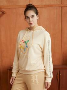 HARRY POTTER X SHEIN Hơn Khẩu hiệu & Đồ họa Hoạt hình Thả vai Dây rút Áo Hoodie & Quần thể thao - Màu Khaki - Xem 5