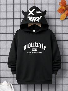 SHEIN Leap Crew Tween Boy Long Sleeve Hoodie With Pattern, Suitable For Autumn - Black - View 1