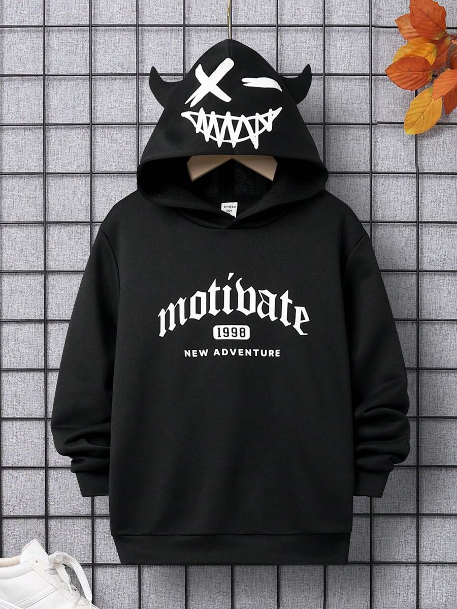 SHEIN Leap Crew Tween Boy Long Sleeve Hoodie With Pattern, Suitable For Autumn - Black - View 1