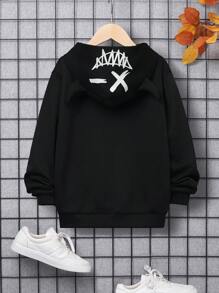 SHEIN Leap Crew Tween Boy Long Sleeve Hoodie With Pattern, Suitable For Autumn - Black - View 2