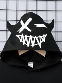 SHEIN Leap Crew Tween Boy Long Sleeve Hoodie With Pattern, Suitable For Autumn - Black - View 3