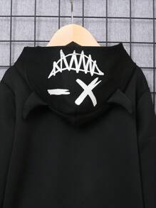 SHEIN Leap Crew Tween Boy Long Sleeve Hoodie With Pattern, Suitable For Autumn - Black - View 4