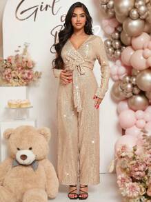 SHEIN Loomaby 孕婦亮片腰帶闊腿連體褲 - 香檳色 - 查看 4