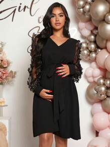 Loomaby Floral Contrast Mesh Splicing Long Sleeve Elegant Maternity Dress For Baby Shower - Black - View 1