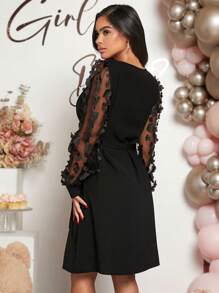 Loomaby Floral Contrast Mesh Splicing Long Sleeve Elegant Maternity Dress For Baby Shower - Black - View 2