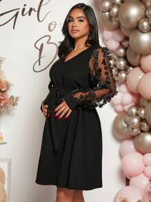 Loomaby Floral Contrast Mesh Splicing Long Sleeve Elegant Maternity Dress For Baby Shower - Black - View 3