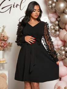 Loomaby Floral Contrast Mesh Splicing Long Sleeve Elegant Maternity Dress For Baby Shower - Black - View 4