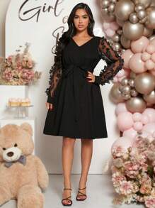 Loomaby Floral Contrast Mesh Splicing Long Sleeve Elegant Maternity Dress For Baby Shower - Black - View 5