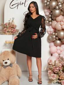 Loomaby Floral Contrast Mesh Splicing Long Sleeve Elegant Maternity Dress For Baby Shower - Black - View 6