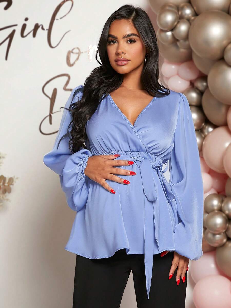 SHEIN Maternity Surplice Neck Lantern Sleeve Belted Blouse - Blue - View 1