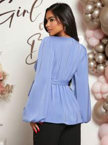 SHEIN Maternity Surplice Neck Lantern Sleeve Belted Blouse - Blue - View 2