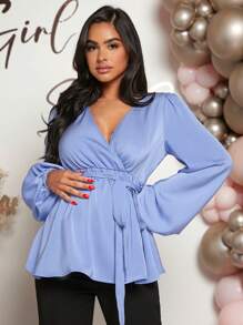 SHEIN Maternity Surplice Neck Lantern Sleeve Belted Blouse - Blue - View 3