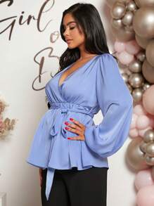 SHEIN Maternity Surplice Neck Lantern Sleeve Belted Blouse - Blue - View 4