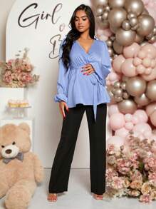 SHEIN Maternity Surplice Neck Lantern Sleeve Belted Blouse - Blue - View 5