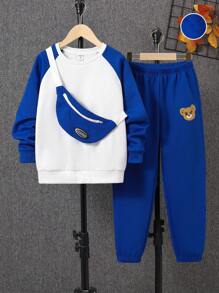SHEIN Tween Boy Colorblock Raglan Sleeve Thermal Sweatshirt & Sweatpants & Bag - Blue and White - View 1