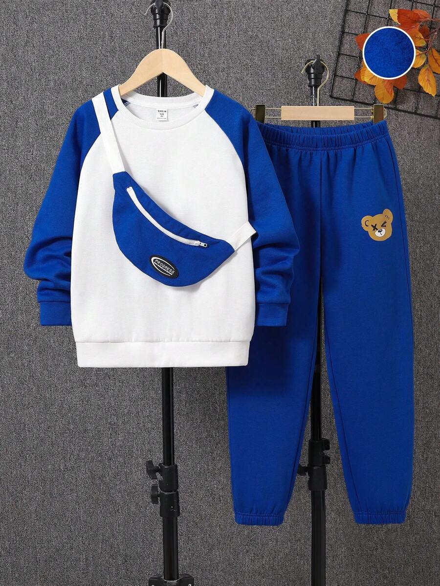 SHEIN Tween Boy Colorblock Raglan Sleeve Thermal Sweatshirt & Sweatpants & Bag - Blue and White - View 1
