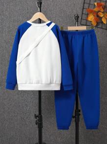 SHEIN Tween Boy Colorblock Raglan Sleeve Thermal Sweatshirt & Sweatpants & Bag - Blue and White - View 2