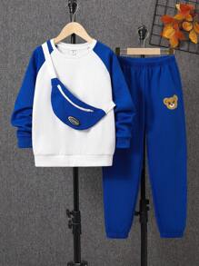 SHEIN Tween Boy Colorblock Raglan Sleeve Thermal Sweatshirt & Sweatpants & Bag - Blue and White - View 3