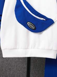 SHEIN Tween Boy Colorblock Raglan Sleeve Thermal Sweatshirt & Sweatpants & Bag - Blue and White - View 6