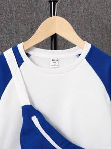SHEIN Tween Boy Colorblock Raglan Sleeve Thermal Sweatshirt & Sweatpants & Bag - Blue and White - View 9