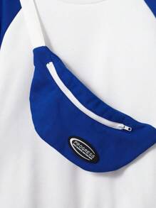 SHEIN Tween Boy Colorblock Raglan Sleeve Thermal Sweatshirt & Sweatpants & Bag - Blue and White - View 10