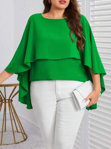 SHEIN Clasi Plus Solid High Low Hem Cape Blouse - Green - View 1