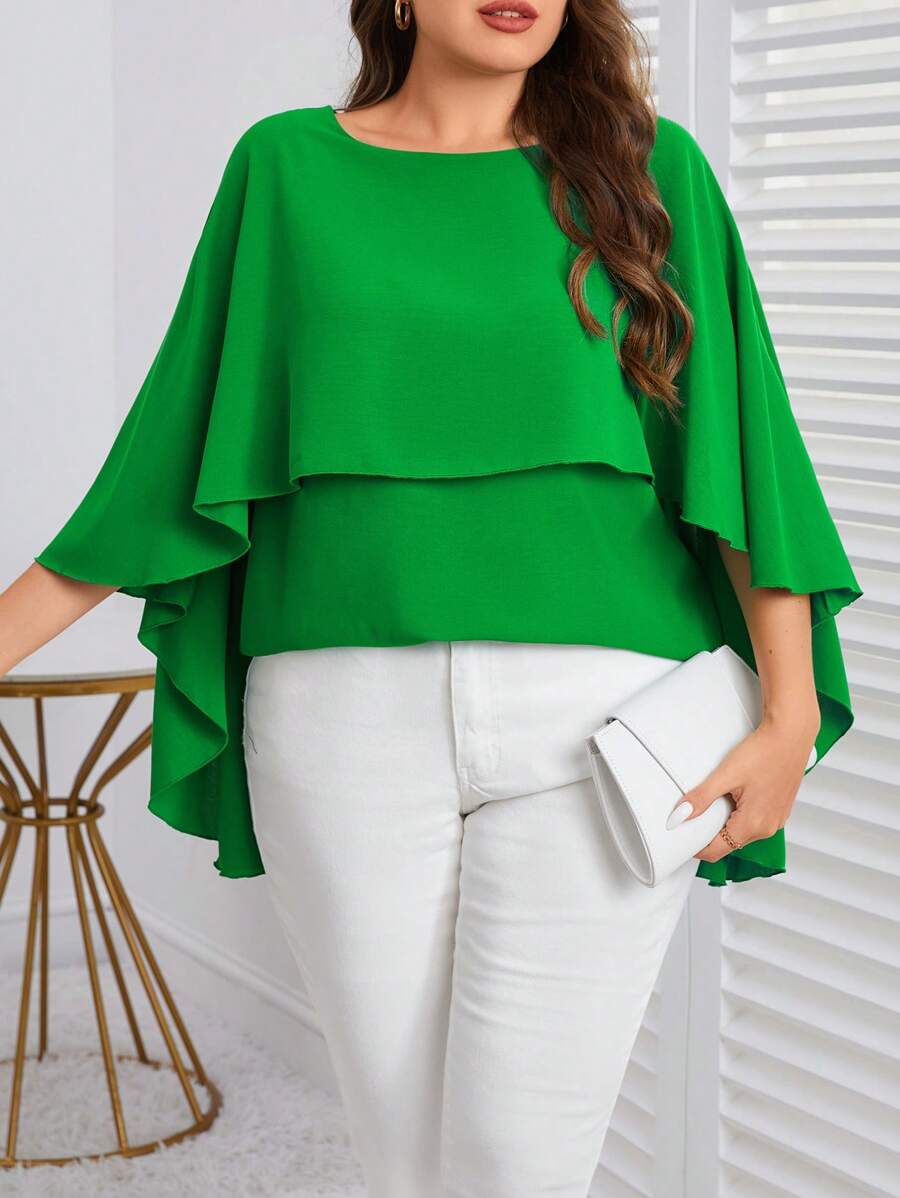 SHEIN Clasi Plus Solid High Low Hem Cape Blouse - Green - View 1