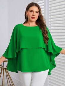 SHEIN Clasi Plus Solid High Low Hem Cape Blouse - Green - View 3