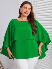 SHEIN Clasi Plus Solid High Low Hem Cape Blouse - Green - View 4
