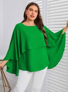 SHEIN Clasi Plus Solid High Low Hem Cape Blouse - Green - View 5