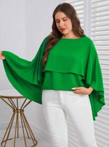 SHEIN Clasi Plus Solid High Low Hem Cape Blouse - Green - View 6