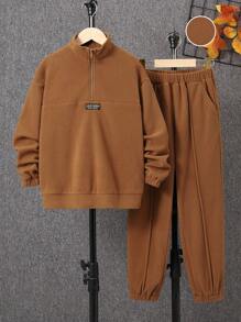 SHEIN Tween Boy Letter Patched Detail Half Zip Sweatshirt & Sweatpants - Khaki - View 1
